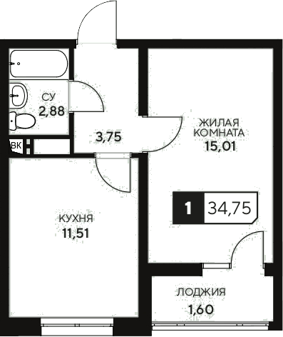 Планировка однокомнатная 34.75 м² в ЖК «Центральный. Гамма», корпус 1.1