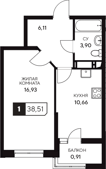 Планировка однокомнатная 38.51 м² в ЖК «Центральный. Гамма», корпус 3.2