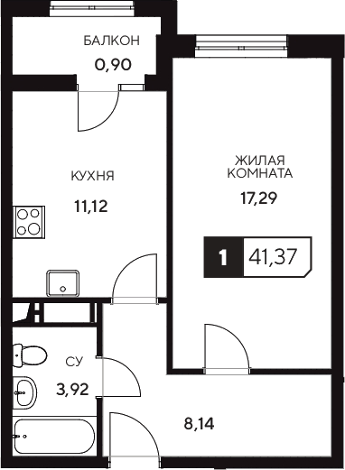 Планировка однокомнатная 41.37 м² в ЖК «Центральный. Гамма», корпус 3.1