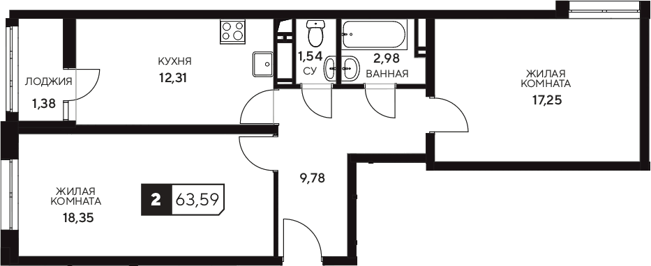 Планировка двухкомнатная 63.59 м² в ЖК «Центральный. Гамма», корпус 4