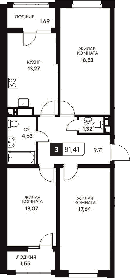Планировка трёхкомнатная 81.41 м² в ЖК «Центральный. Гамма», корпус 1.3
