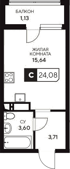Планировка Студии 24.08 м² в ЖК «Центральный. Гамма», корпус 1.3