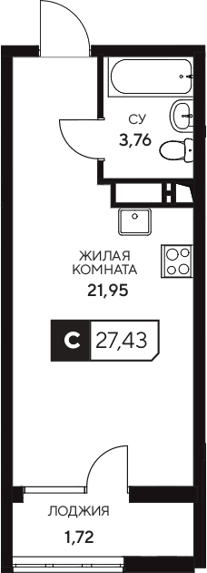 Планировка Студии 27.43 м² в ЖК «Центральный. Гамма», корпус 4