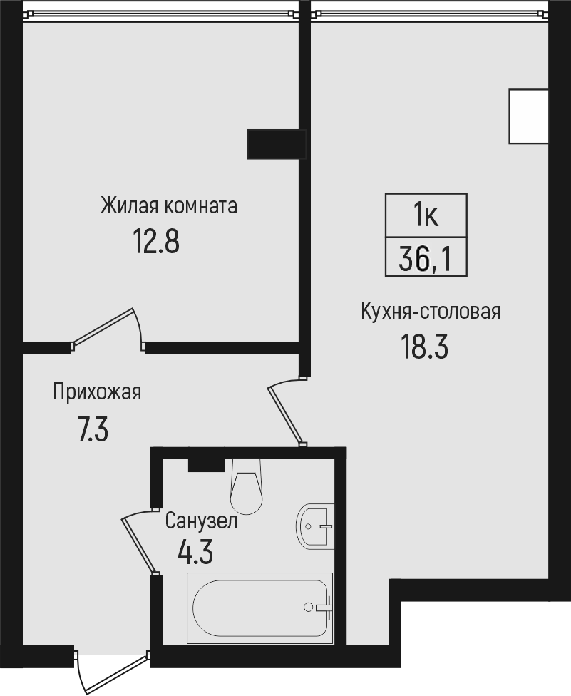 Планировка однокомнатная 36.1 м² в ЖК «Центральный», корпус 1