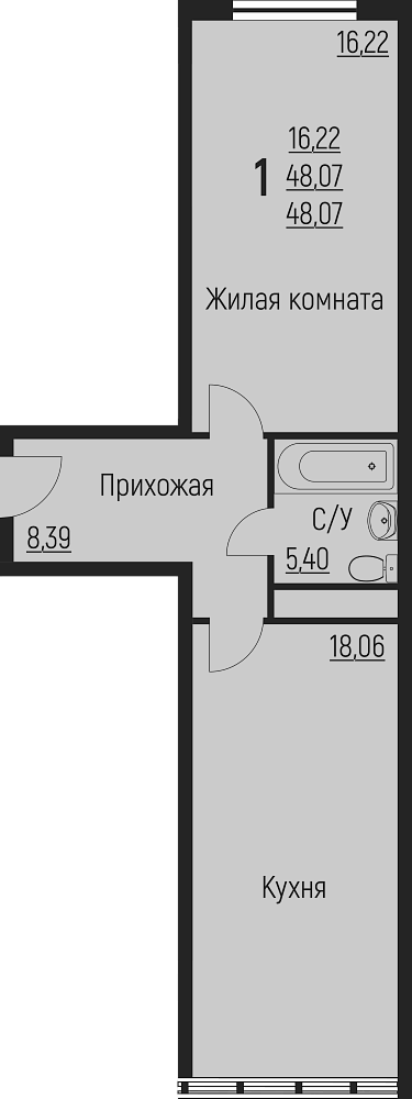 Планировка евродвушка (2Е) 48.07 м² в ЖК «Центральный», корпус 1
