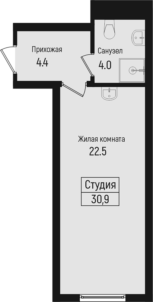 Планировка Студии 30.85 м² в ЖК «Центральный», корпус 1