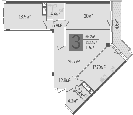 Планировка евродвушка (2Е) 56.4 м² в ЖК «Центральный (ЧФК)», корпус 1