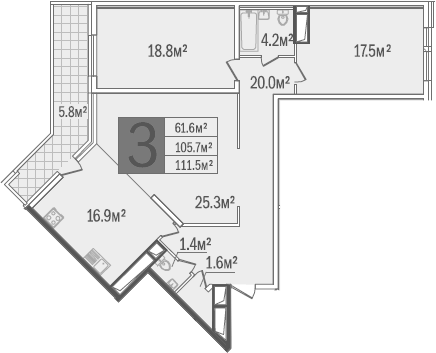 Планировка трёхкомнатная 113.4 м² в ЖК «Центральный (ЧФК)», корпус 1