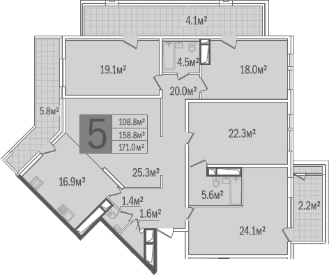 Планировка пятикомнатная 176.84 м² в ЖК «Центральный (ЧФК)», корпус 1
