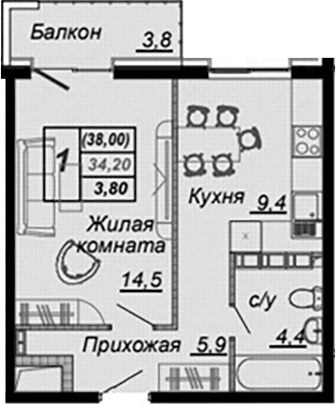 Планировка однокомнатная 36.5 м² в ЖК «Чайные Холмы», корпус 1