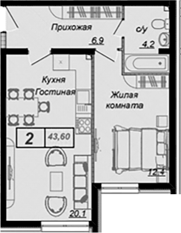 Планировка однокомнатная 43.6 м² в ЖК «Чайные Холмы», корпус 5