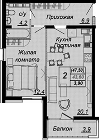 Планировка однокомнатная 45.4 м² в ЖК «Чайные Холмы», корпус 5