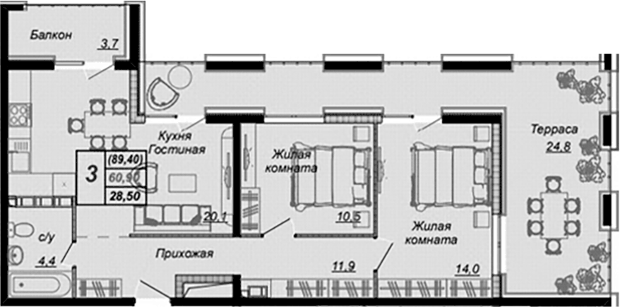 Планировка двухкомнатная 87 м² в ЖК «Чайные Холмы», корпус 5