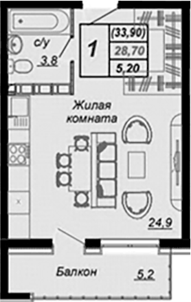 Планировка Студии 32.2 м² в ЖК «Чайные Холмы», корпус 5