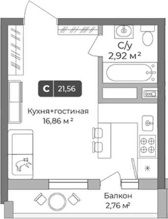Планировка Студии 21.56 м² в ЖК «Цитрус», корпус 2