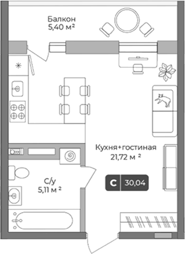 Планировка Студии 30.04 м² в ЖК «Цитрус», корпус 2