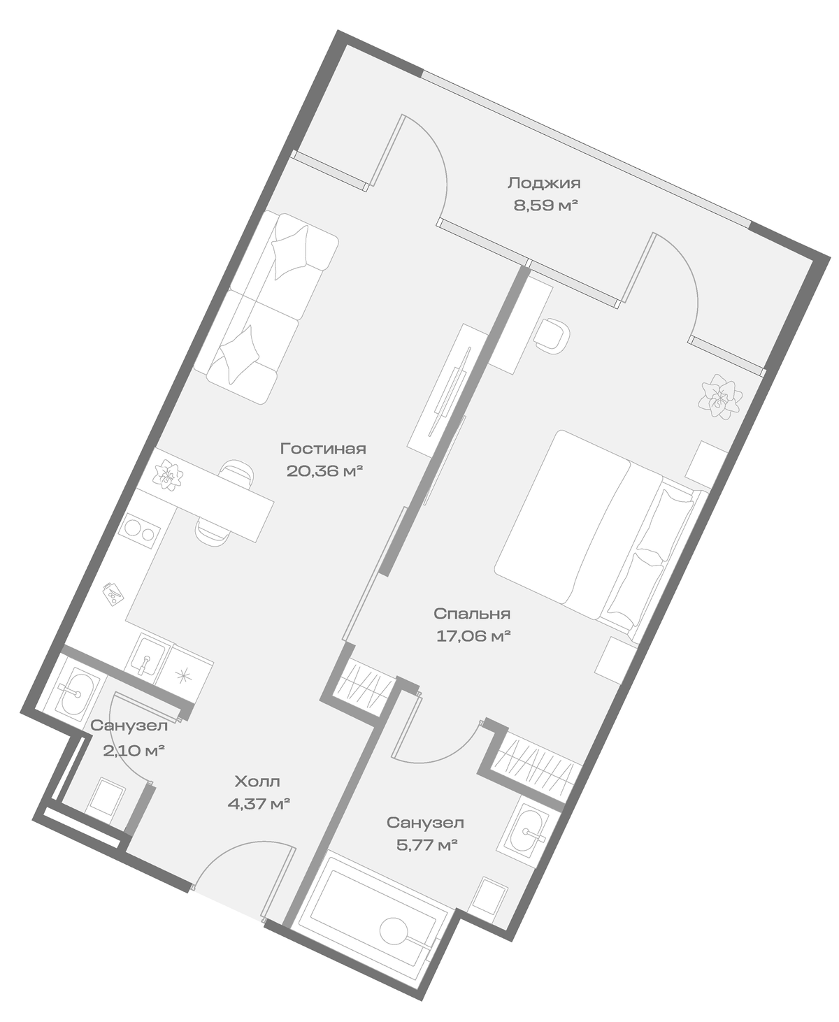 Планировка однокомнатная 58.24 м² в ЖК «Космос Селекшн Сочи Сиалия Резорт 5*», корпус 2