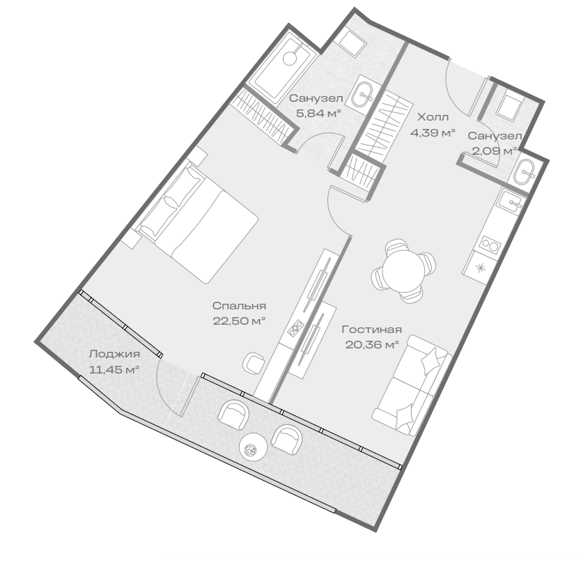 Планировка однокомнатная 66.6 м² в ЖК «Космос Селекшн Сочи Сиалия Резорт 5*», корпус 2