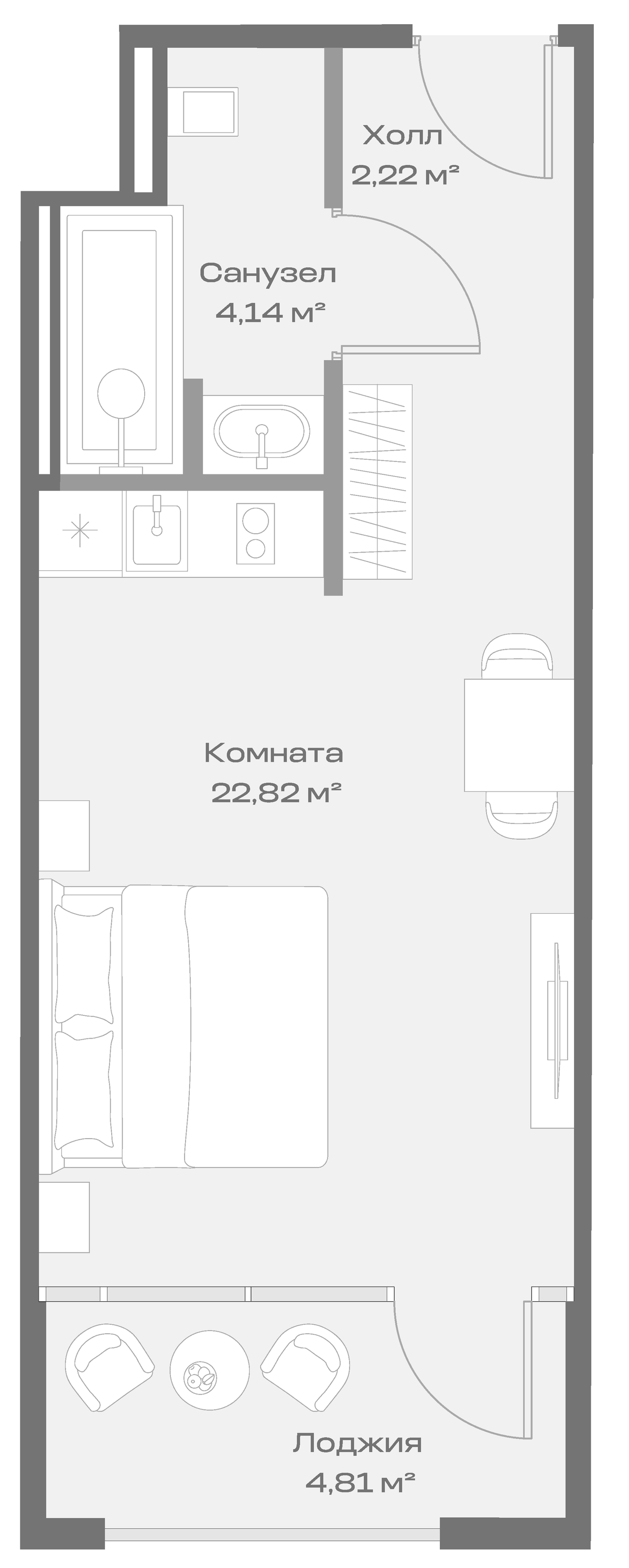 Планировка Студии 33.99 м² в ЖК «Космос Селекшн Сочи Сиалия Резорт 5*», корпус 2