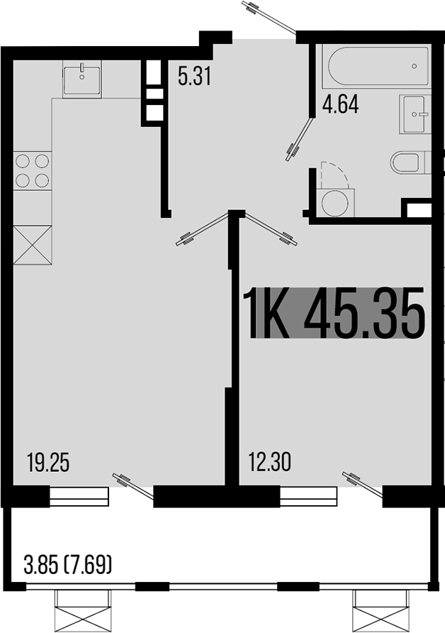 Планировка однокомнатная 45.35 м² в ЖК «Цветной бульвар», корпус 1
