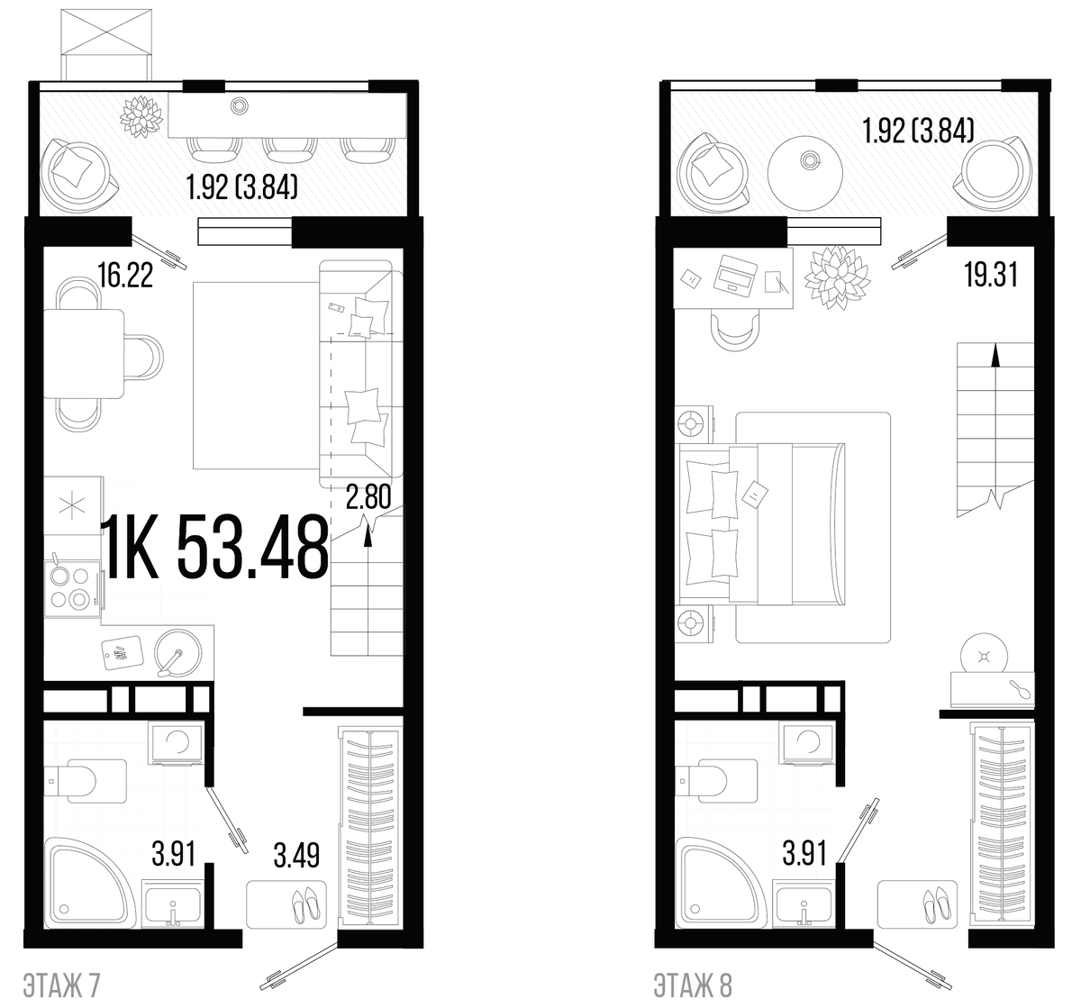 Планировка евродвушка (2Е) 53.48 м² в ЖК «Цветной бульвар», корпус 4