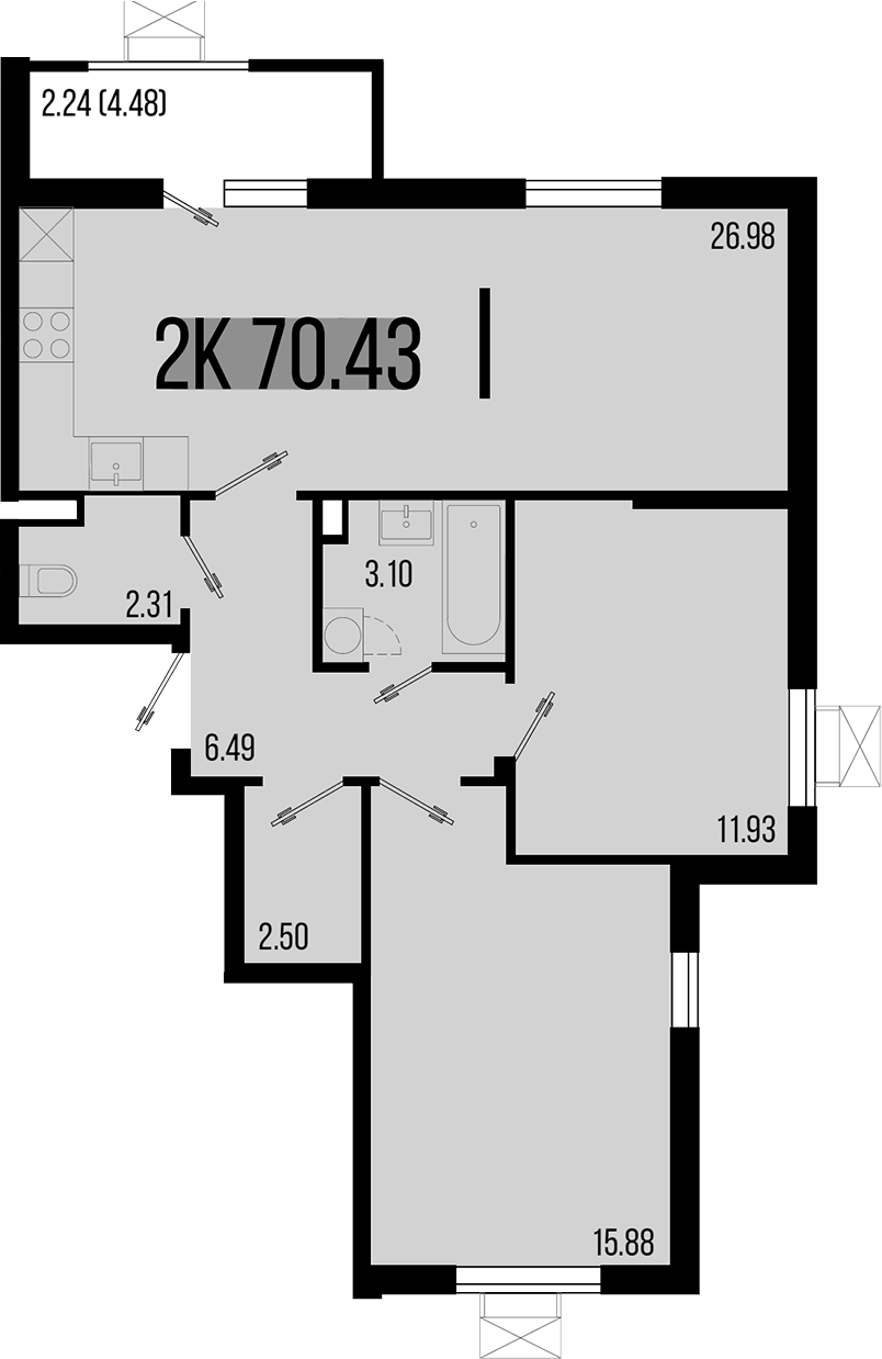 Планировка двухкомнатная 70.43 м² в ЖК «Цветной бульвар», корпус 3
