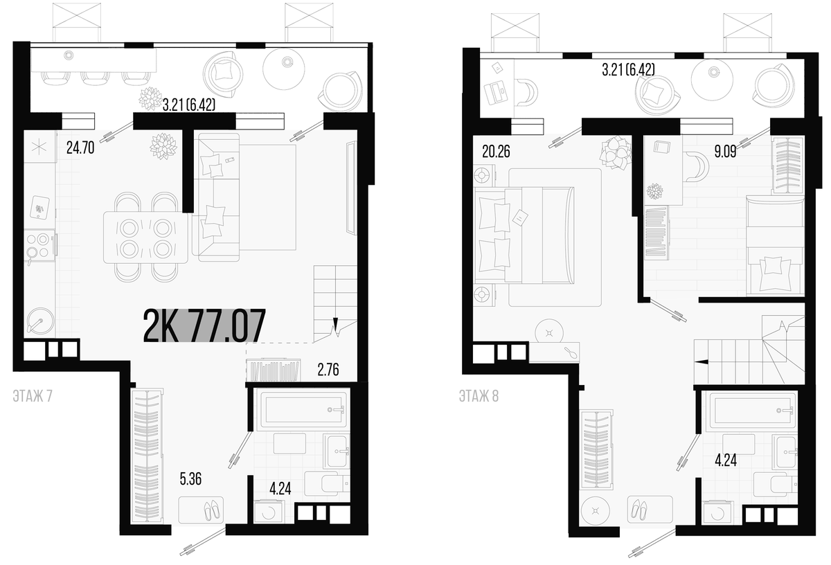 Планировка евротрёшка (3Е) 77.07 м² в ЖК «Цветной бульвар», корпус 1