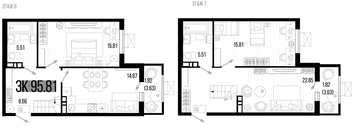 Планировка трёхкомнатная 97.1 м² в ЖК «Цветной бульвар», корпус 4