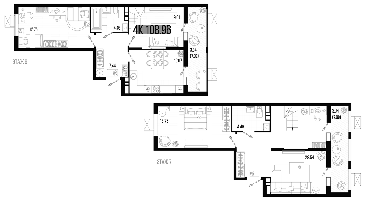 Планировка четырёхкомнатная 108.96 м² в ЖК «Цветной бульвар», корпус 1