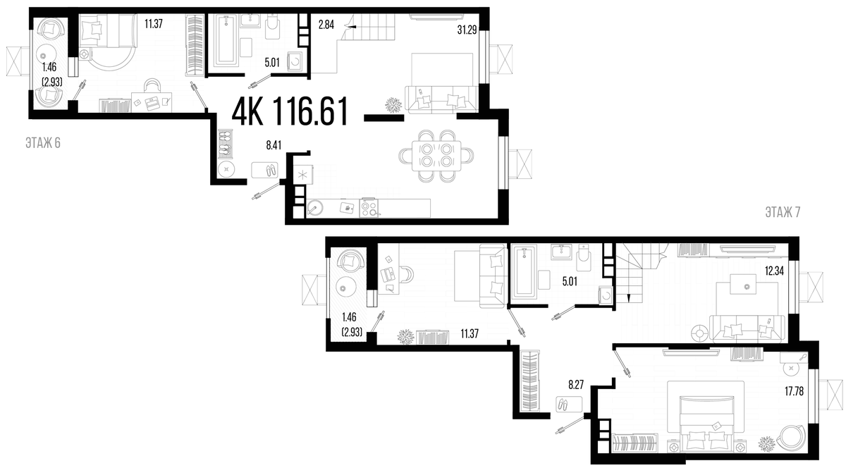 Планировка 5Е-к.кв 117.95 м² в ЖК «Цветной бульвар», корпус 4