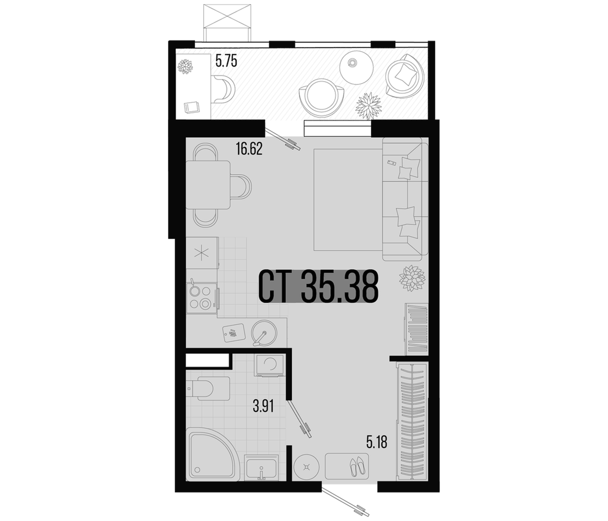 Планировка Студии 32.5 м² в ЖК «Цветной бульвар», корпус 2