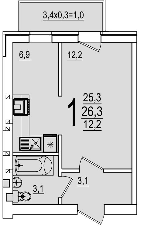 Планировка однокомнатная 26.3 м² в ЖК «Дарград», корпус 51