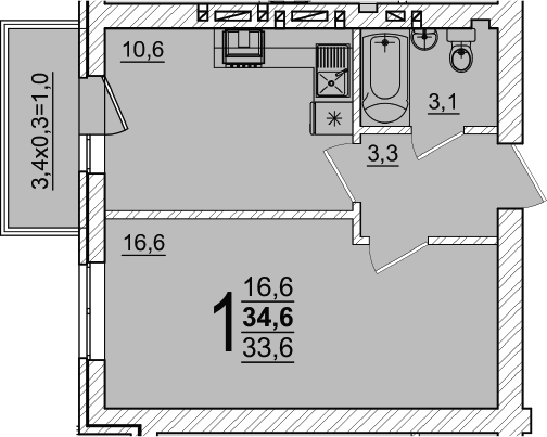 Планировка однокомнатная 34.6 м² в ЖК «Дарград», корпус 25