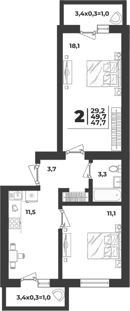Планировка двухкомнатная 49.7 м² в ЖК «Дарград», корпус 52