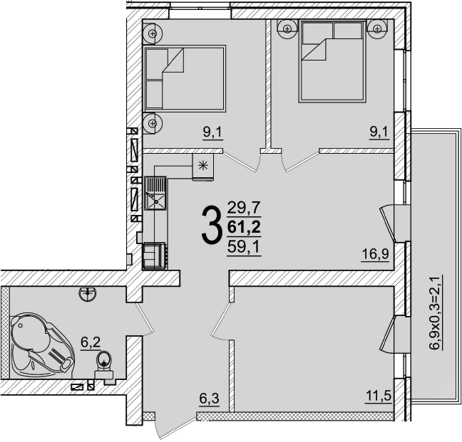 Планировка трёхкомнатная 61.2 м² в ЖК «Дарград», корпус 43