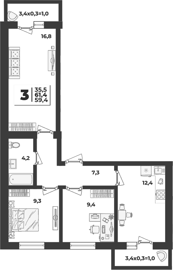 Планировка трёхкомнатная 61.4 м² в ЖК «Дарград», корпус 52