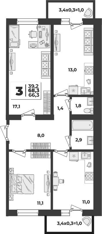 Планировка трёхкомнатная 68.3 м² в ЖК «Дарград», корпус 50