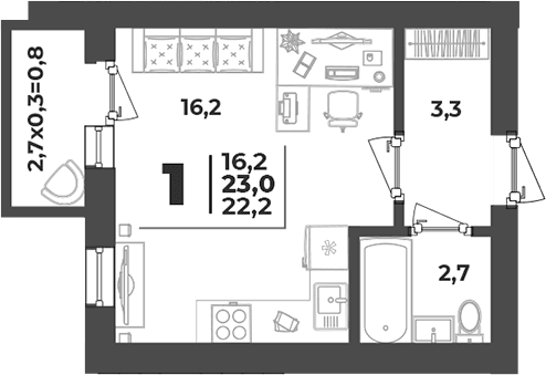 Планировка Студии 23 м² в ЖК «Дарград», корпус 36