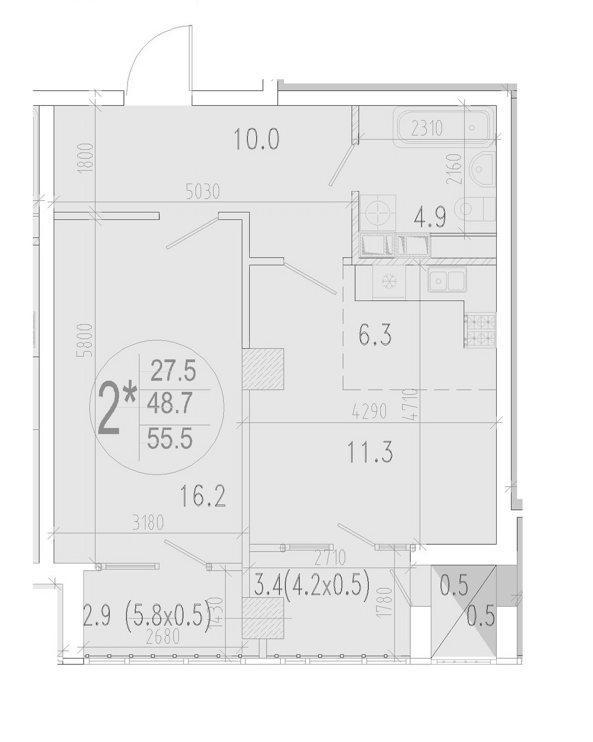 Планировка евродвушка (2Е) 55.5 м² в ЖК «Development-Plaza», корпус 1