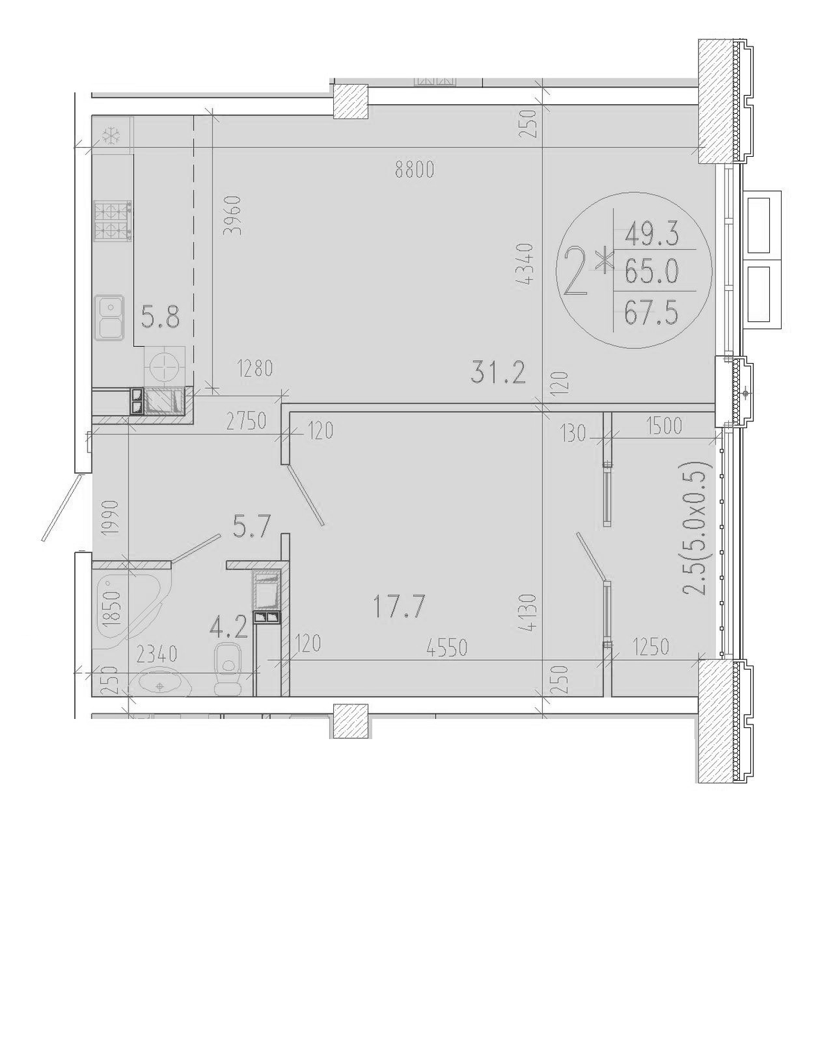 Планировка евродвушка (2Е) 67.5 м² в ЖК «Development-Plaza», корпус 1