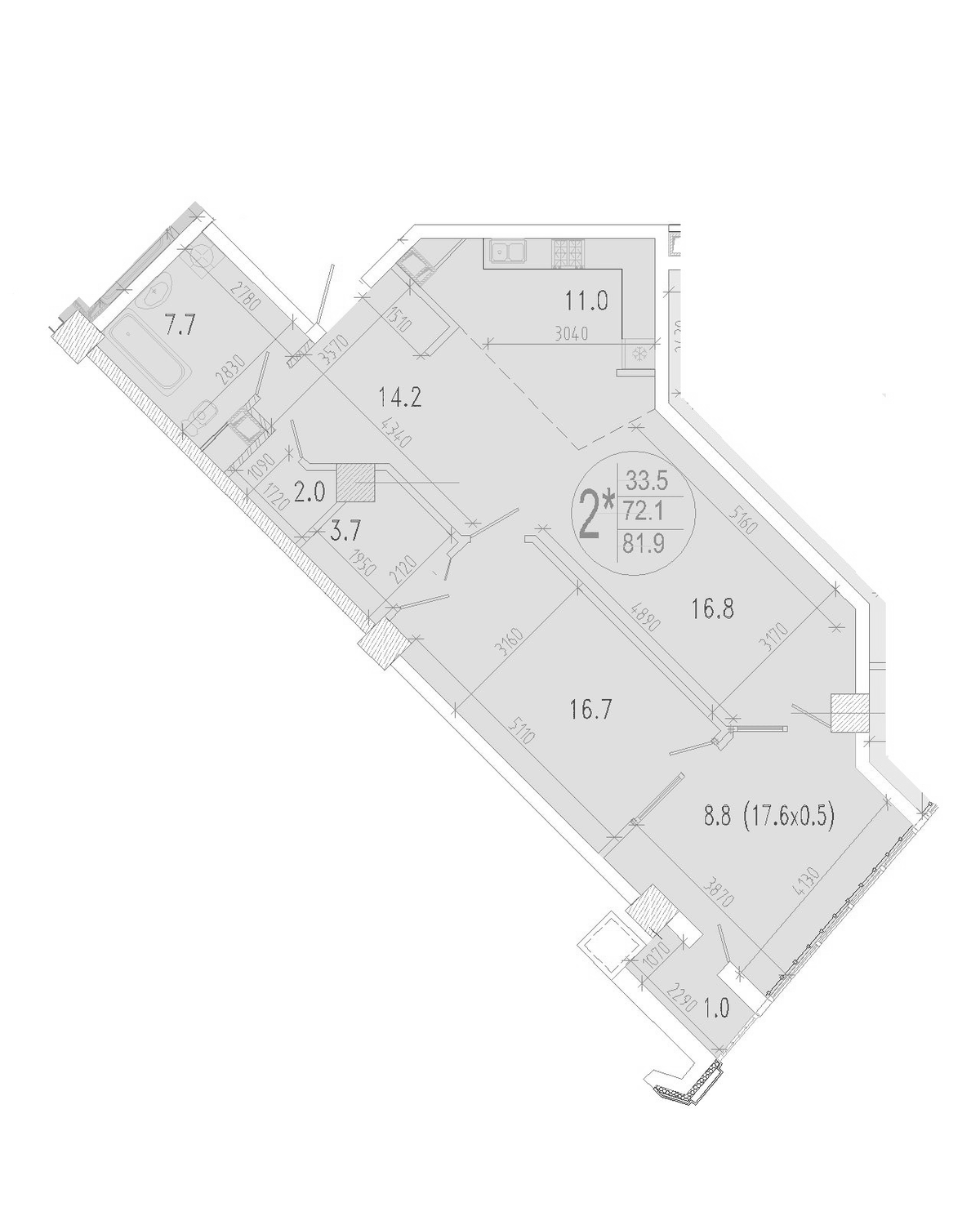 Планировка евродвушка (2Е) 81.9 м² в ЖК «Development-Plaza», корпус 1
