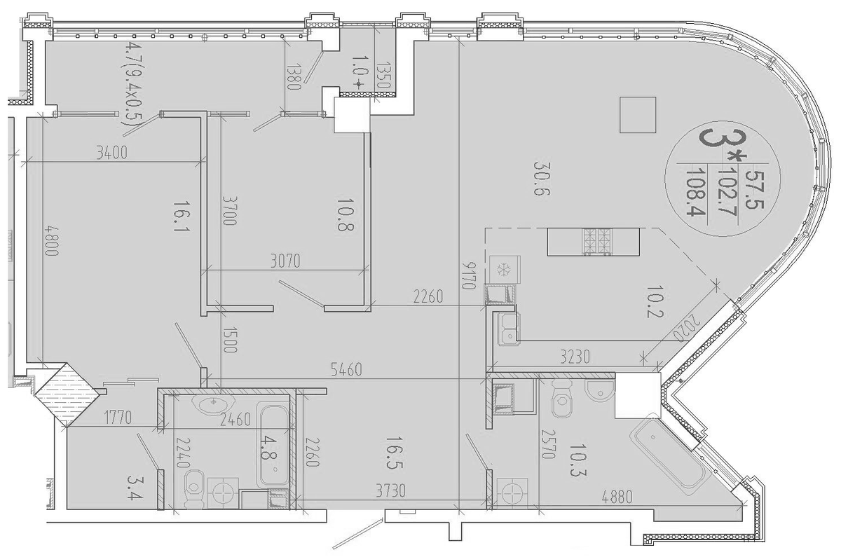 Планировка двухкомнатная 108.4 м² в ЖК «Development-Plaza», корпус 1