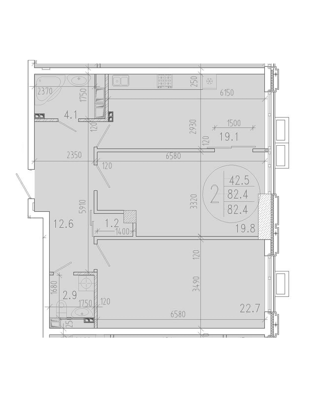 Планировка двухкомнатная 82.4 м² в ЖК «Development-Plaza», корпус 1