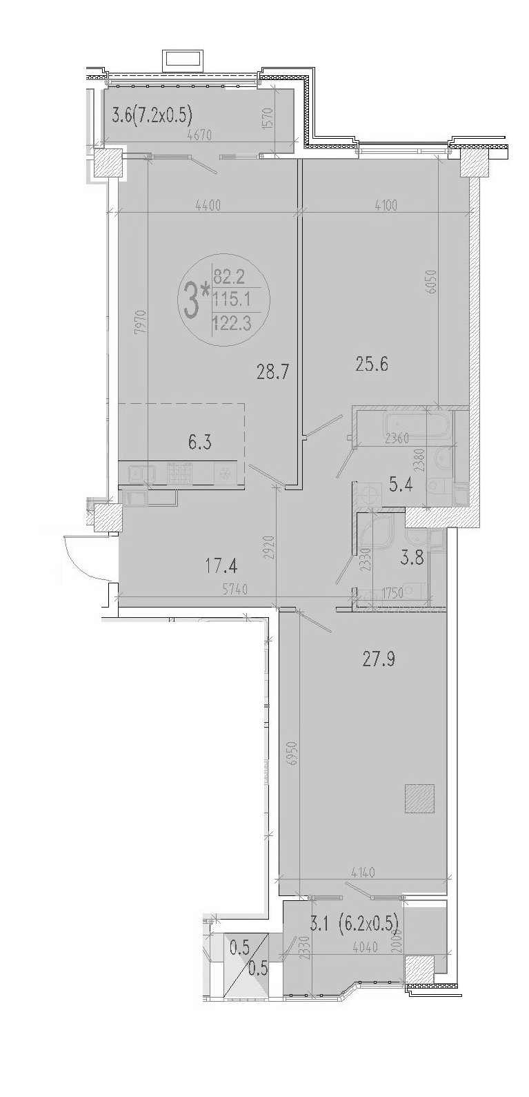 Планировка евротрёшка (3Е) 122.3 м² в ЖК «Development-Plaza», корпус 1