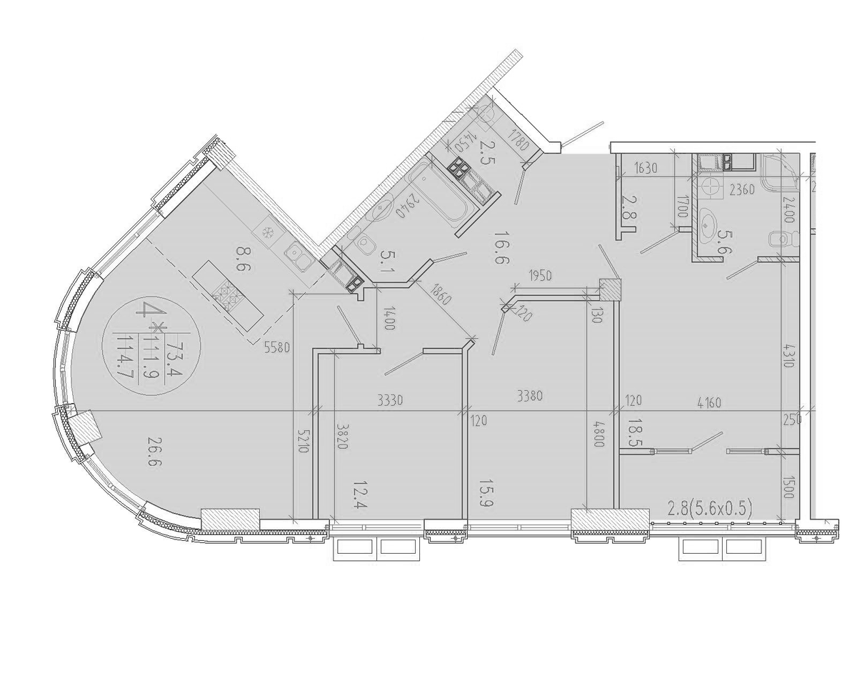Планировка евро-4 (4Е) 114.7 м² в ЖК «Development-Plaza», корпус 1