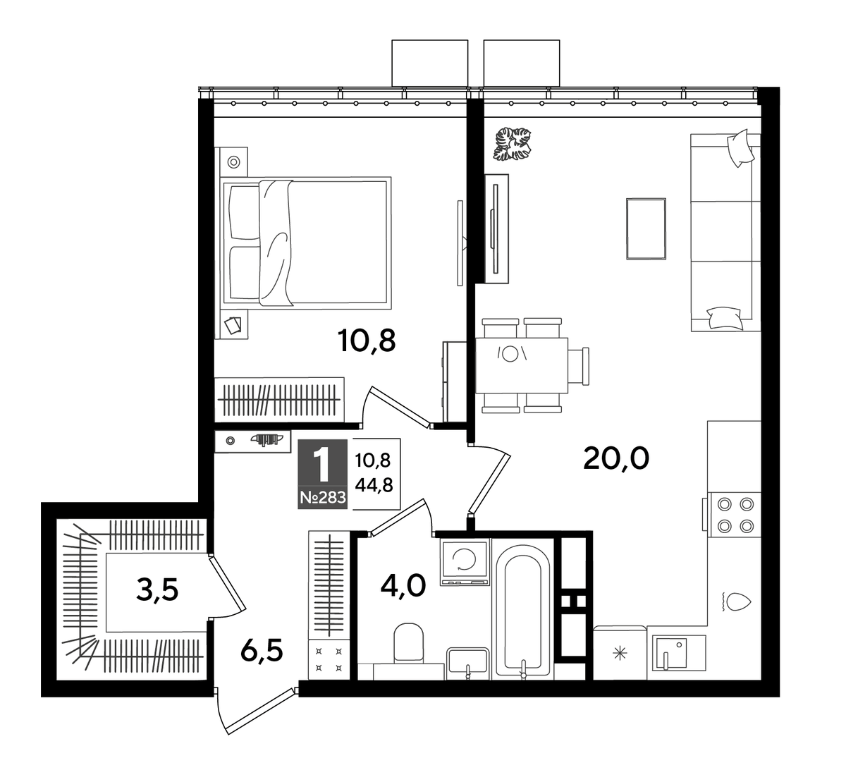 Планировка однокомнатная 44.8 м² в ЖК «DОГМА ПАРК», корпус 35