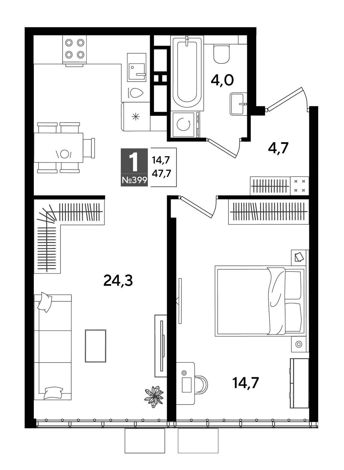 Планировка однокомнатная 47.7 м² в ЖК «DОГМА ПАРК», корпус 35