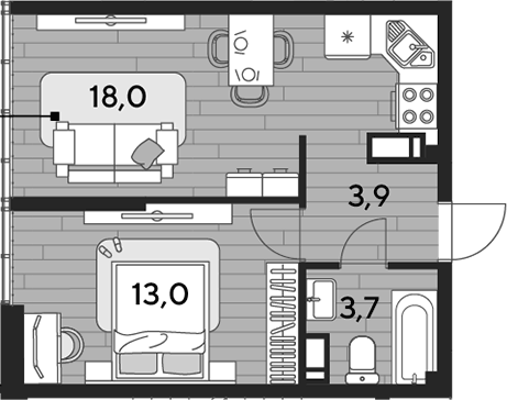 Планировка евродвушка (2Е) 38.6 м² в ЖК «DОГМА ПАРК», корпус 24