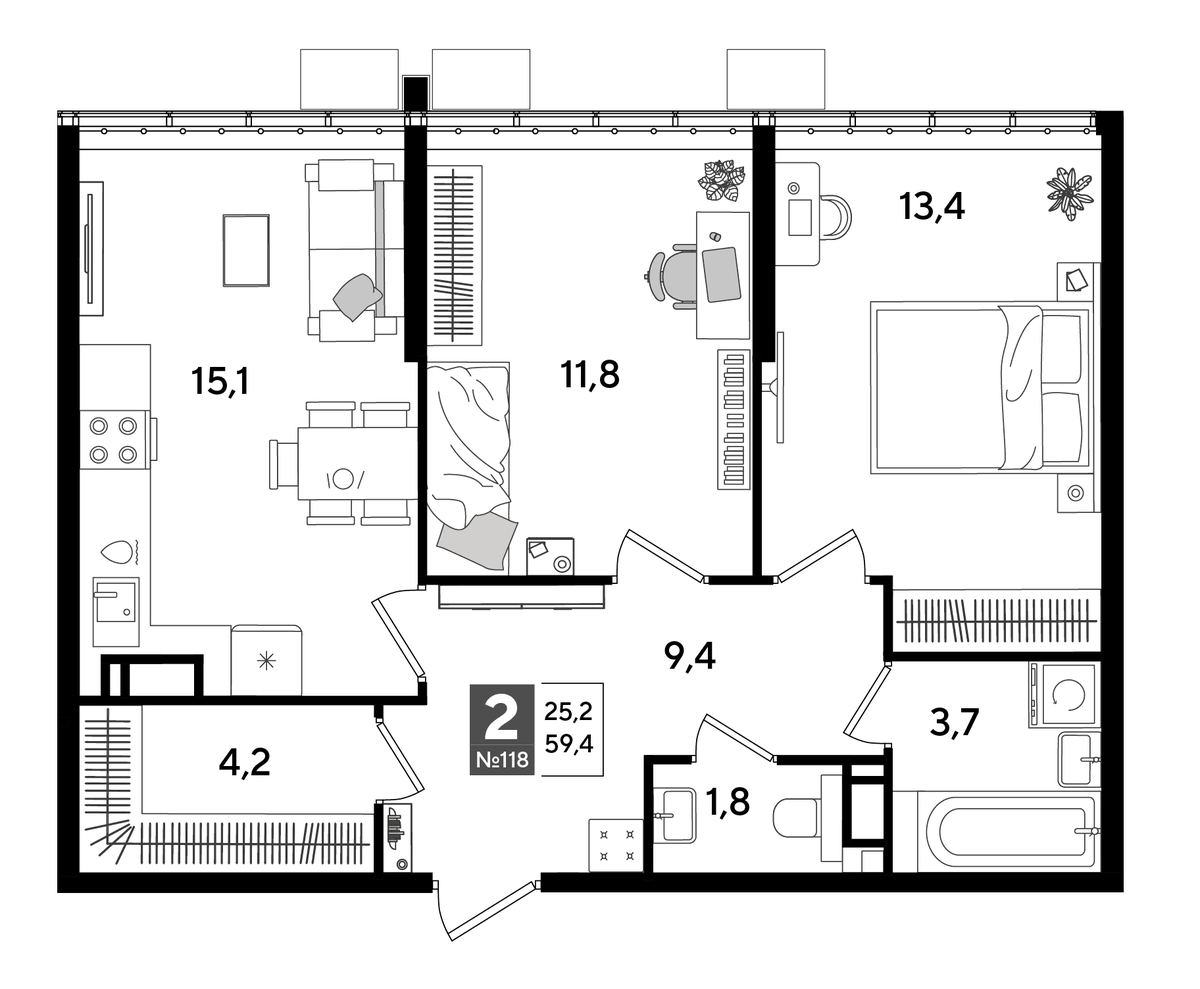 Планировка двухкомнатная 59.4 м² в ЖК «DОГМА ПАРК», корпус 36