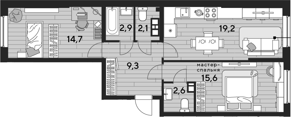 Планировка двухкомнатная 66.4 м² в ЖК «DОГМА ПАРК», корпус 25